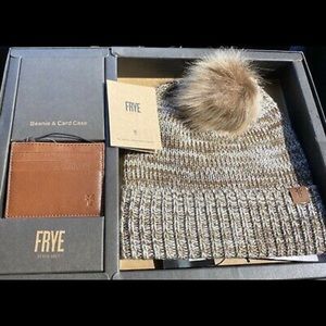 Frye Genuine Leather CARD WALLET & BEANIE Brown Hat NEW IN BOX Authentic